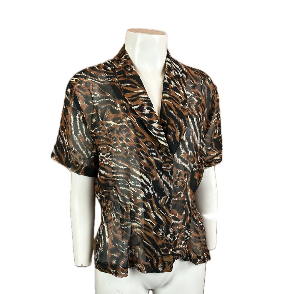 Vintage Sheer Leopard Animal Print Blouse Peplum Waist / Medium